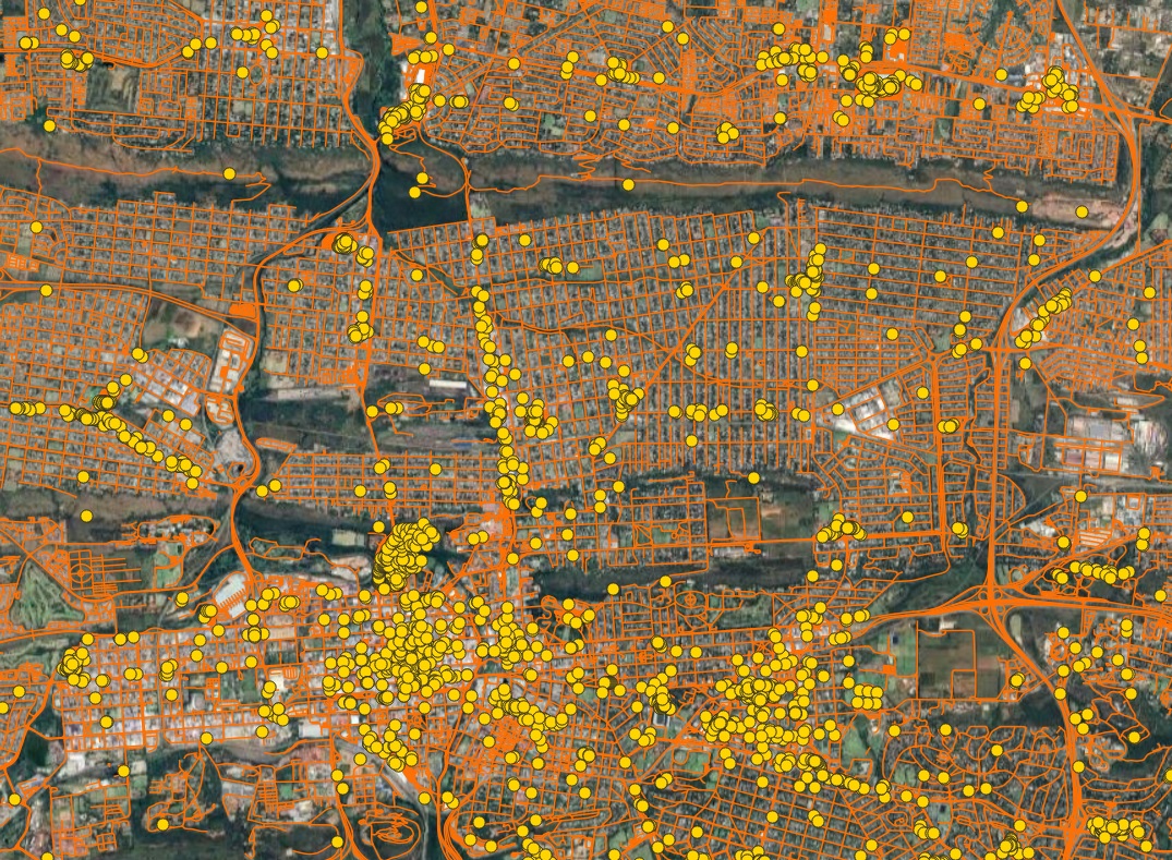 Top left: A satellite image; Top right: points of interest; Bottom left: roads; Bottom right: All previous datasets overlaid