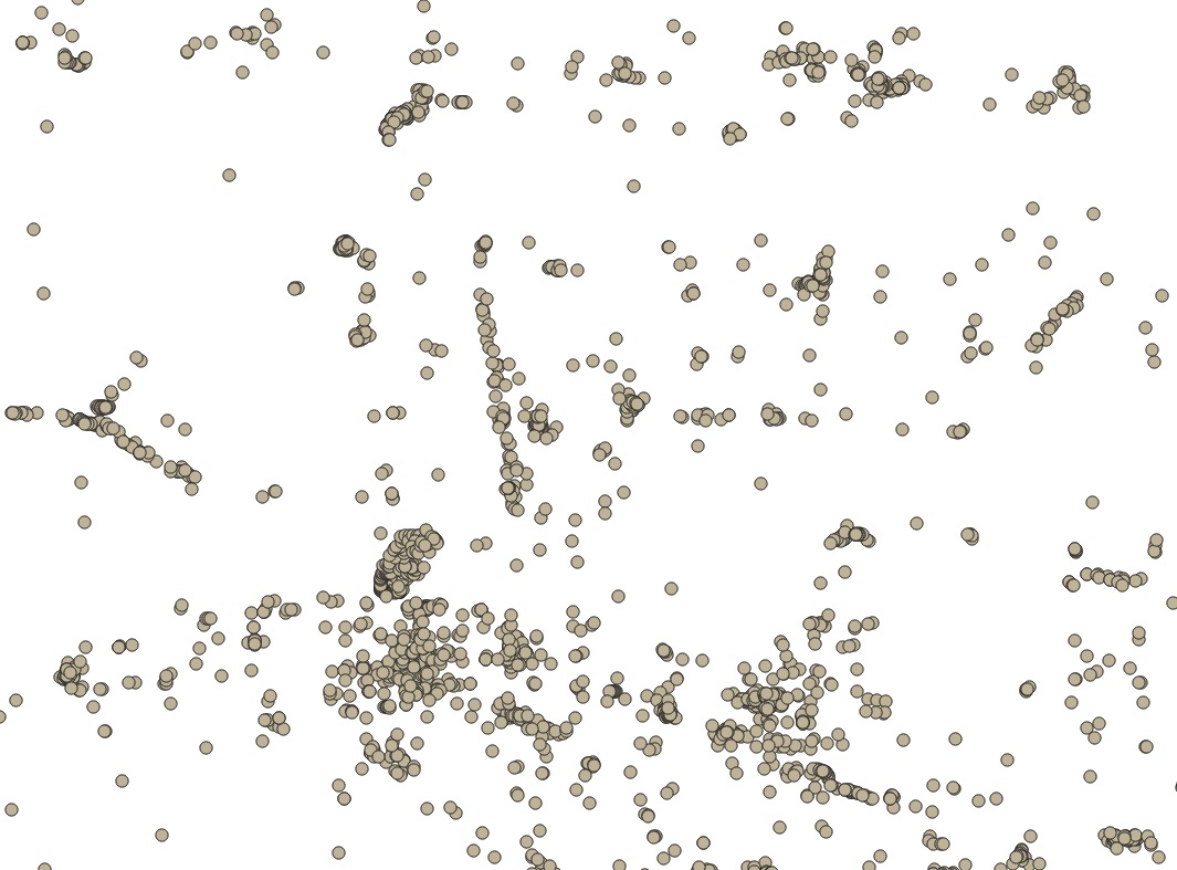 Top left: A satellite image; Top right: points of interest; Bottom left: roads; Bottom right: All previous datasets overlaid
