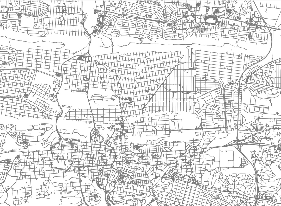 Top left: A satellite image; Top right: points of interest; Bottom left: roads; Bottom right: All previous datasets overlaid
