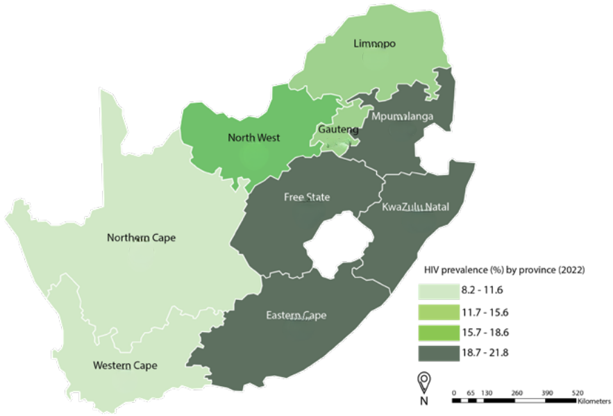 A heatmap of South Africa showing the HIV prevalence rate in each province in 2022